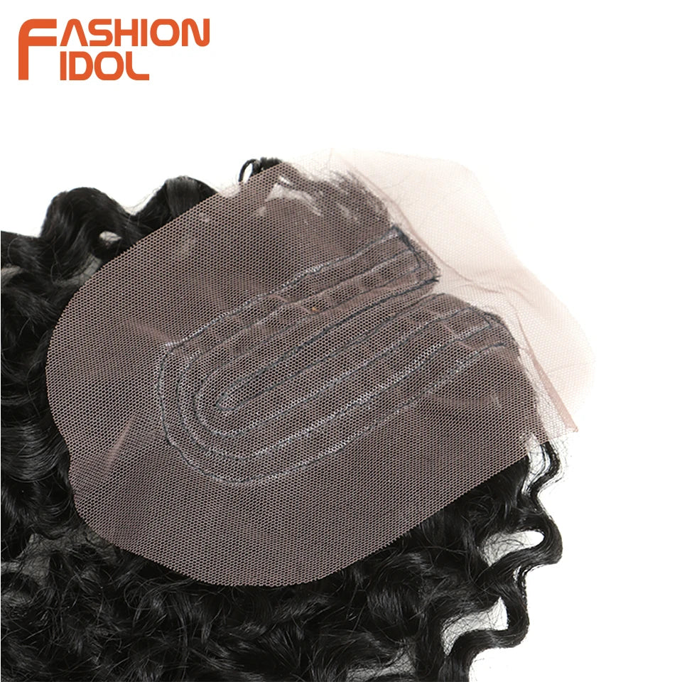 FASHION IDOL 16 18 20inch 240g/7pcs Afro Kinky Curly Hair Synthetic With Closure Ombre Color Kinky Curly Bundles Hair Extensions