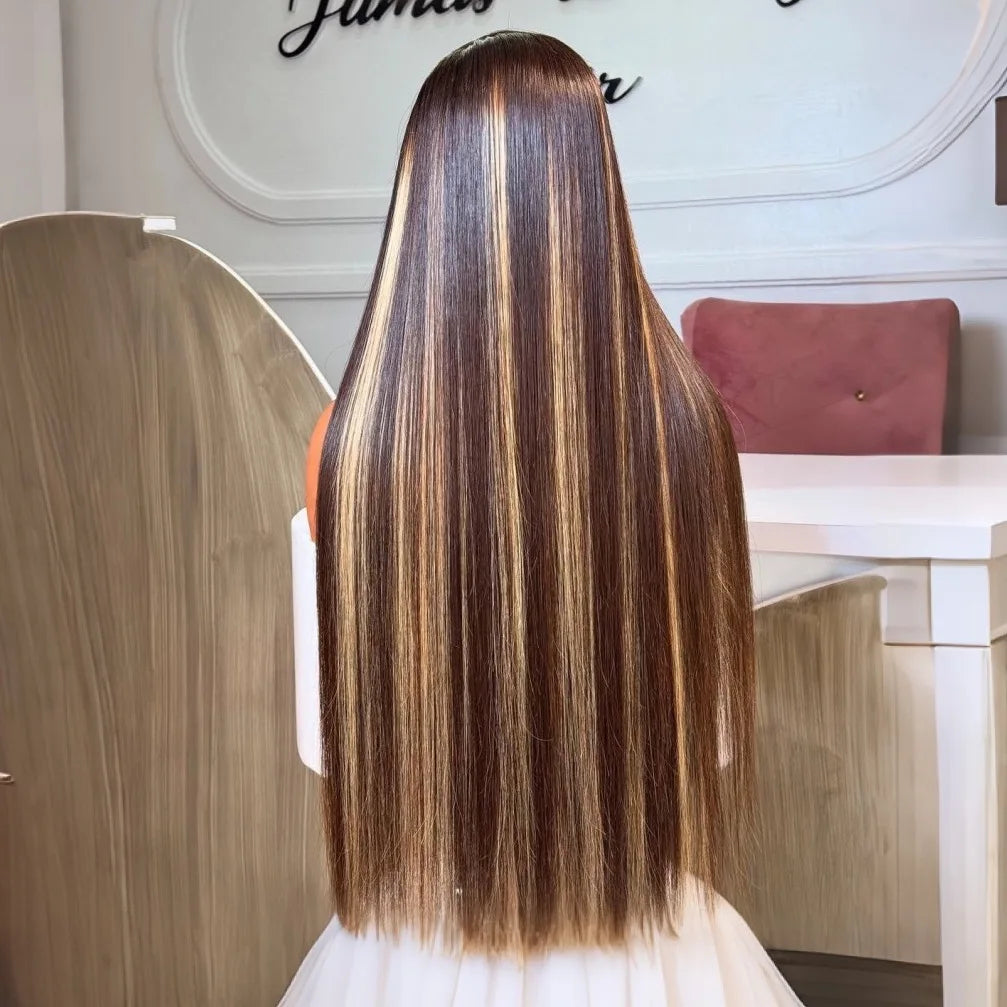 Long Silky Straight Highlight Honey Blonde Ombre Color Synthetic 13X4 HD Lace Frontal Wig Prepucked With Baby Hair Glueless Wig