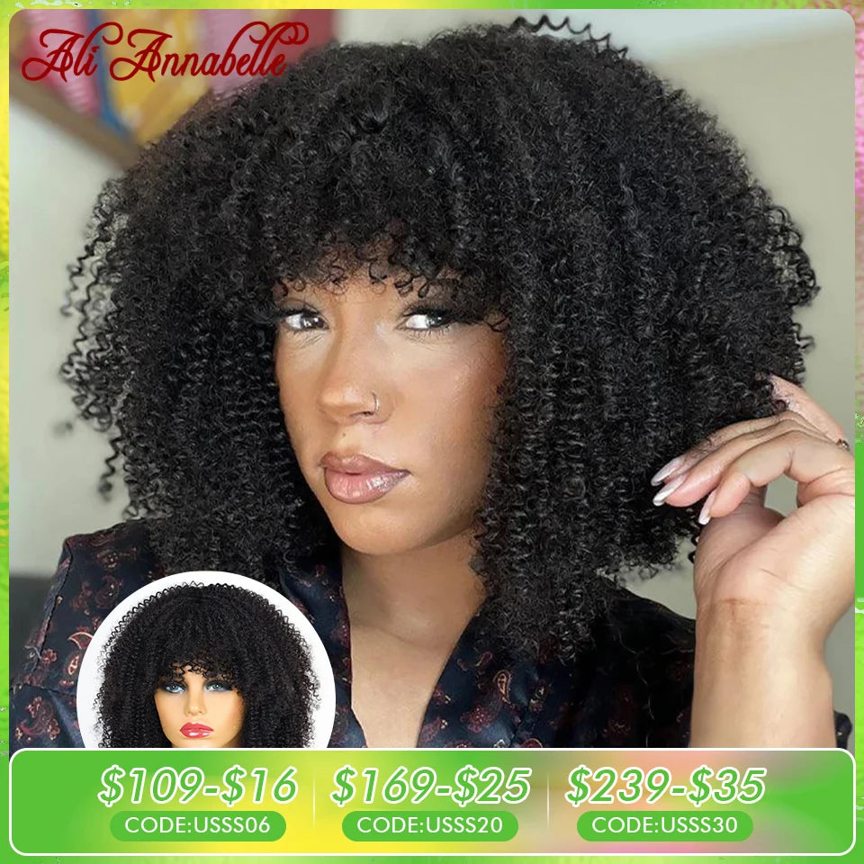 ALI ANNABELLE HAIR Curly Wigs With Bangs For Black Women Machine Made Wigs Kinky Curly 180% Brazilian Natural Color No Lace Wigs