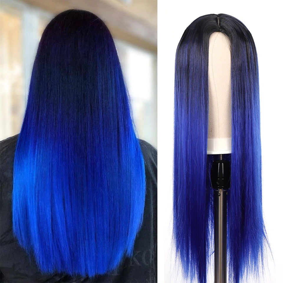 LM Golden Wig Synthetic Ombre Long Straight/Body Wave Middle Part Heat Resistant Natural Hair Wigs For Women Cosplay