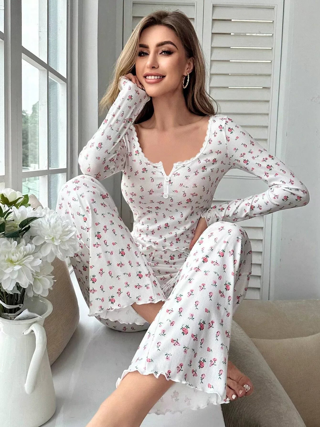Spring Summer Women's Sleepwear Floral Print Lettuce Trim Pajamas Set Tops and Long Trousers Loungewear Nightwear