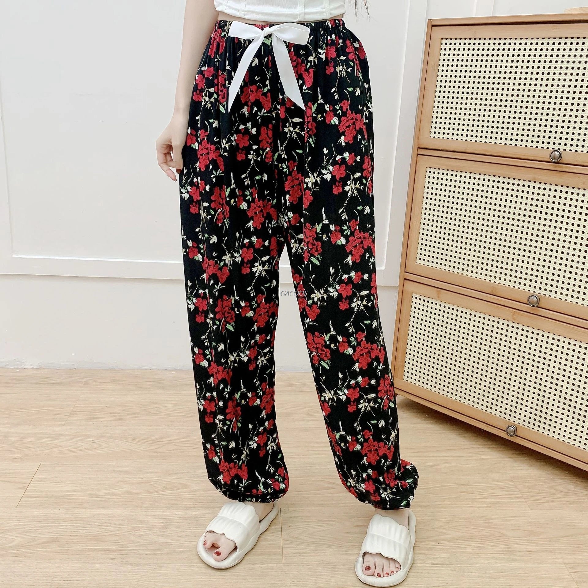 New Korean Style Pants Summer Cropped Trousers Women's Flower Home Clothes Loose Wide Leg Pants Casual Beach Outfits Sweatpants
