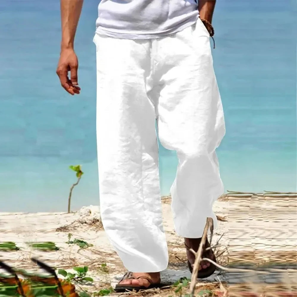 Men's Linen Cotton Pants Straight Leg Breathable Lightweight Beach Style Cozy Trousers Casual Spring Summer Pants