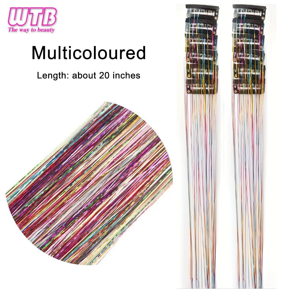 12Pcs Clip in Hair 20 Inch Synthetic Colorful Glitter Tinsel Hair Extension Fashion Party Christmas New Year Gift for Women Hair