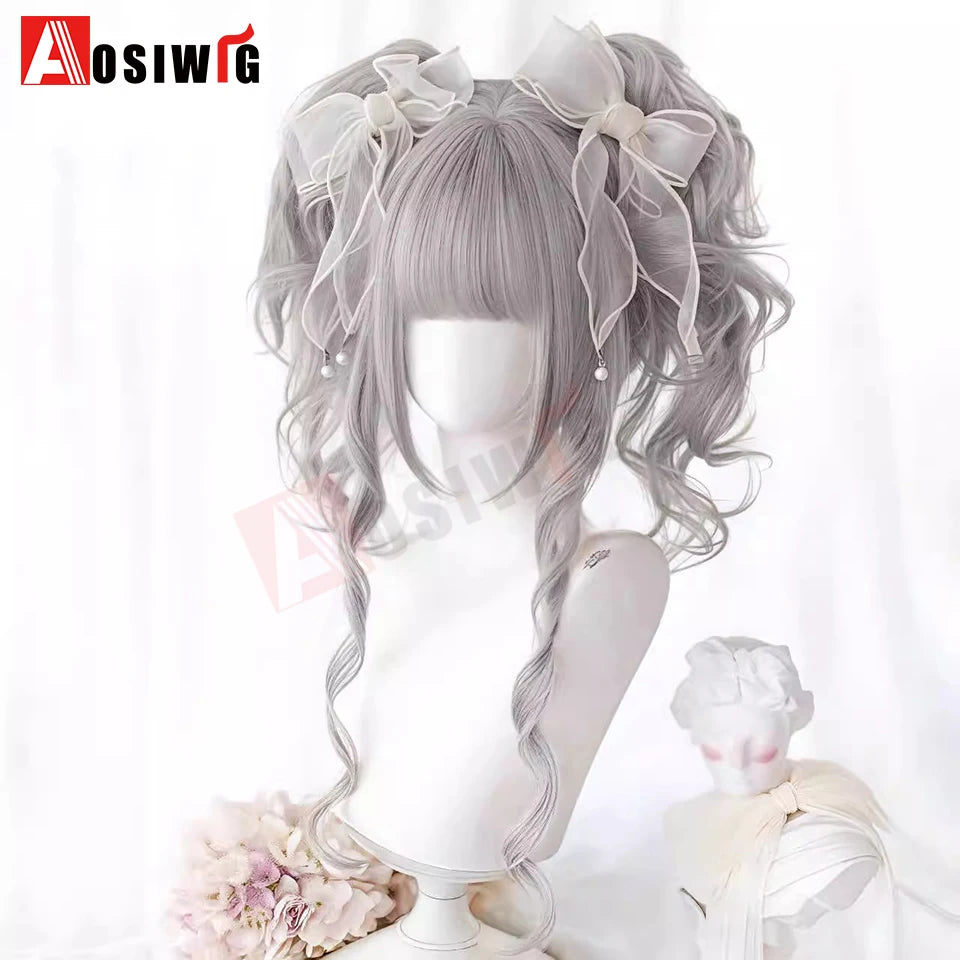 AOSI Synthetic Long Curly Wig Double Ponytail Cute Lolita Women Wigs Halloween Cosplay Style Blonde Brown Party Wig
