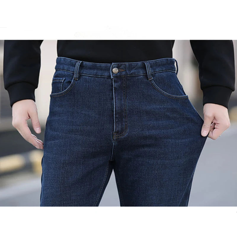 Tall Man Fleece Jeans 117CM Extra Long Stretched Plus Size 42 44 Fit Trousers Warm Autumn Winter High Waist Denim Pants Trousers