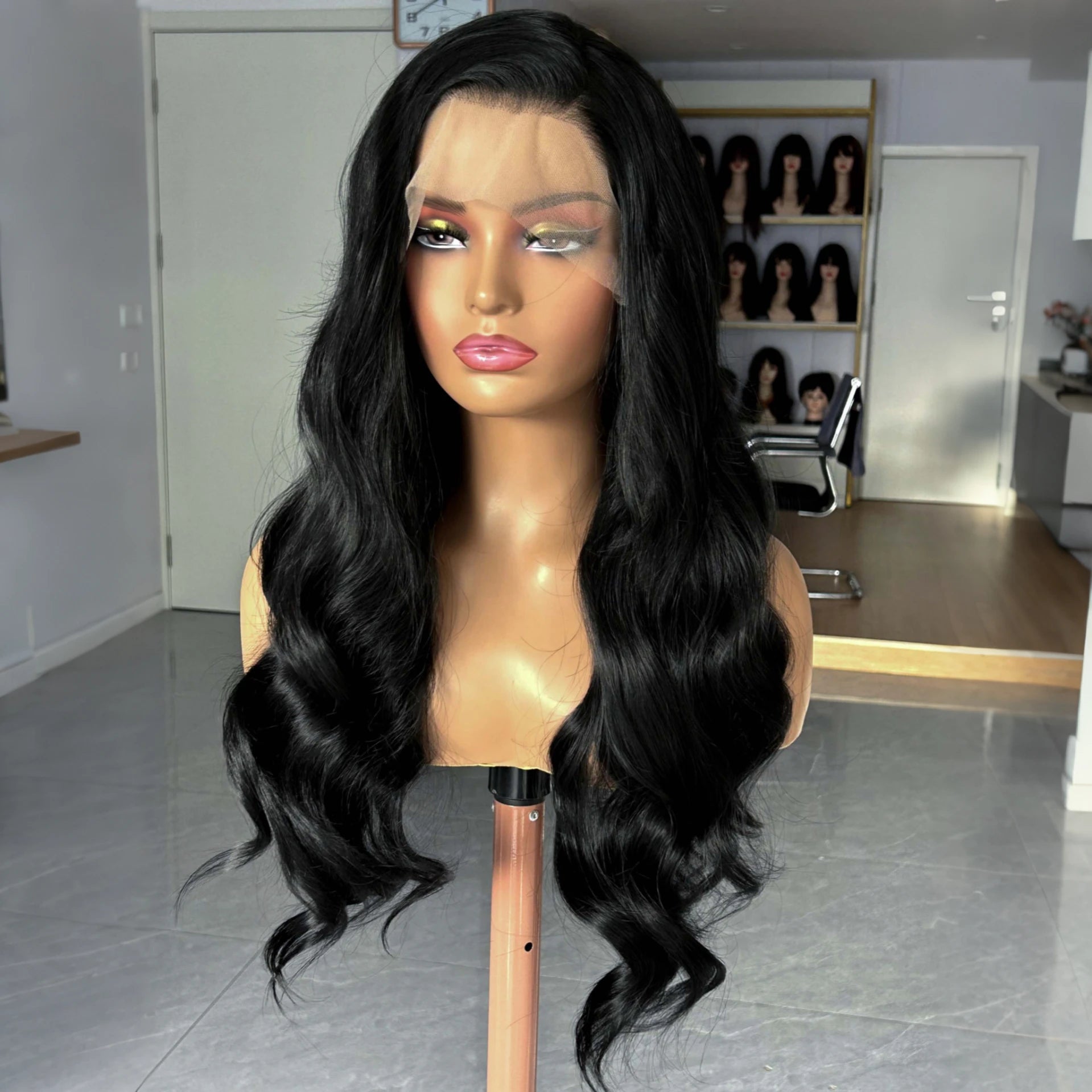 Long Wavy Black Natural Curly Synthetic Lace Front Wig Free Part Loose Body Wave 13X4 Frontal Wigs for Women Daily Party Cosplay