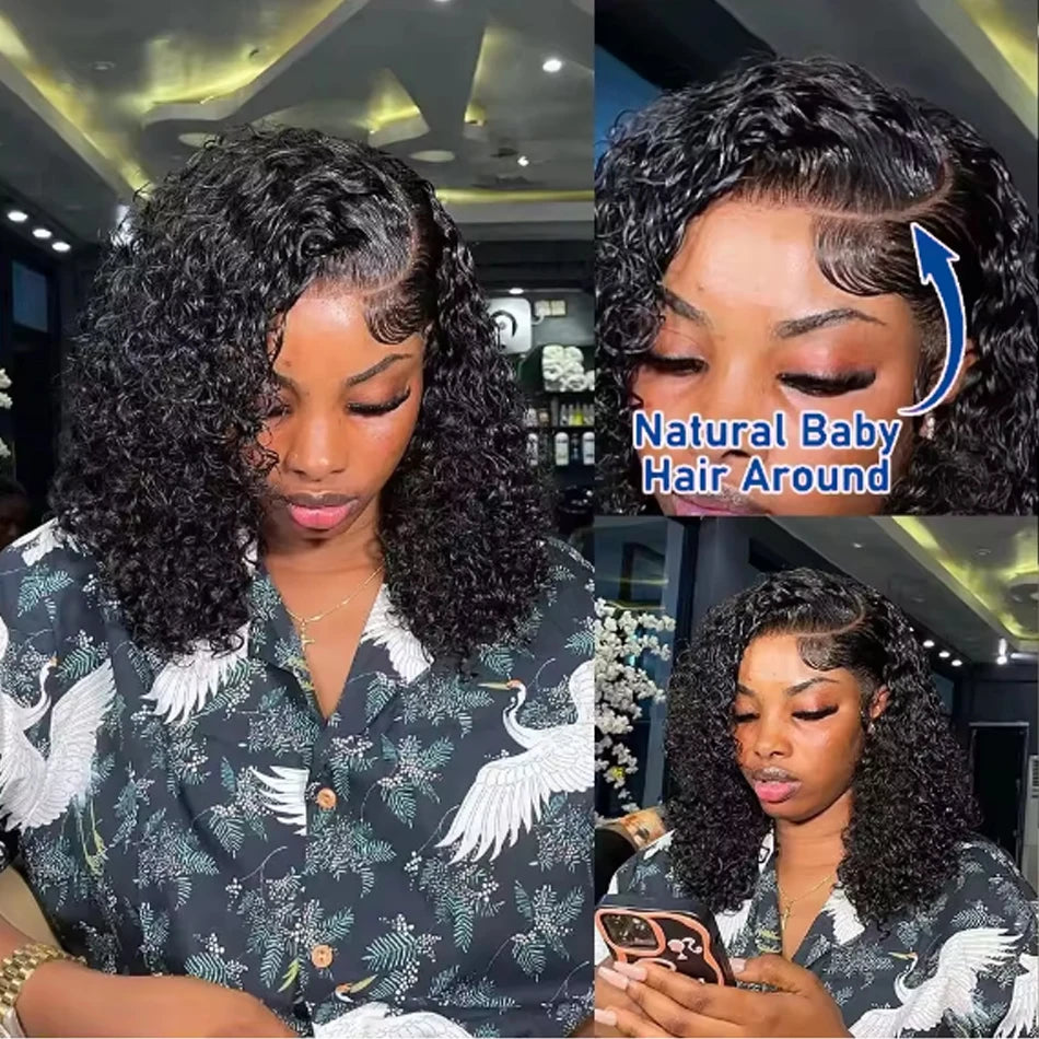 250 Density Glueless Kinky Curly Bob Wig Lace Frontal High Quality Wear And Go 100% Human Hair Wigs Pre Plucked 13X6 Deep Water