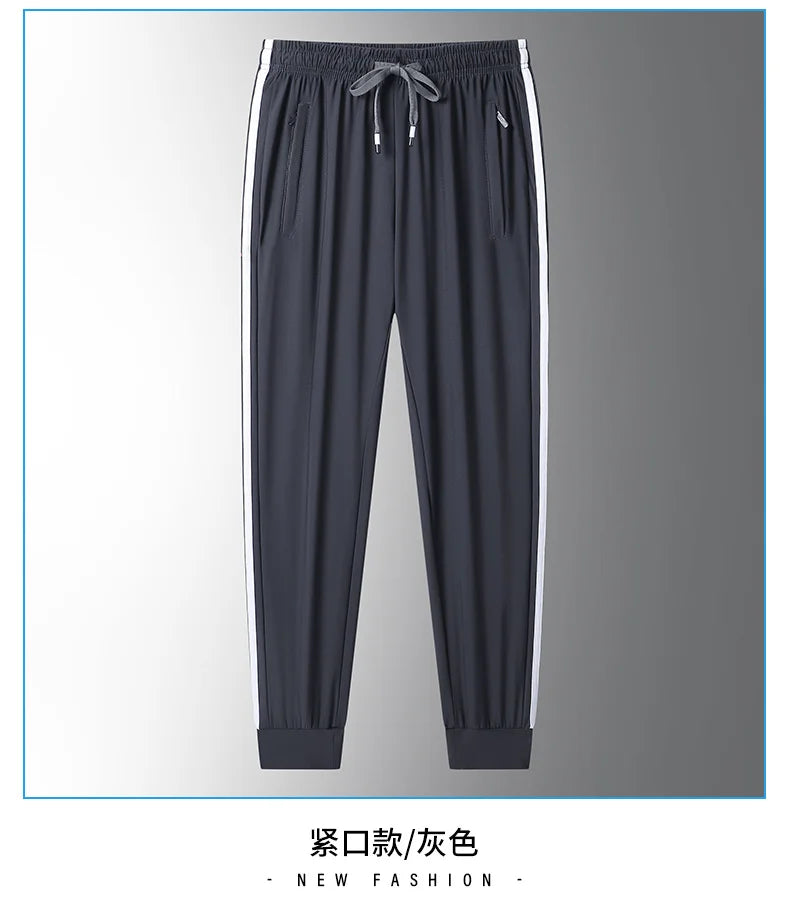 Summer Plus Size Trousers M-8XL Ice Silk Three-bar Casual Pants Men's Loose Casual Ultra-thin Sports Fitness Jogger Trousers Men