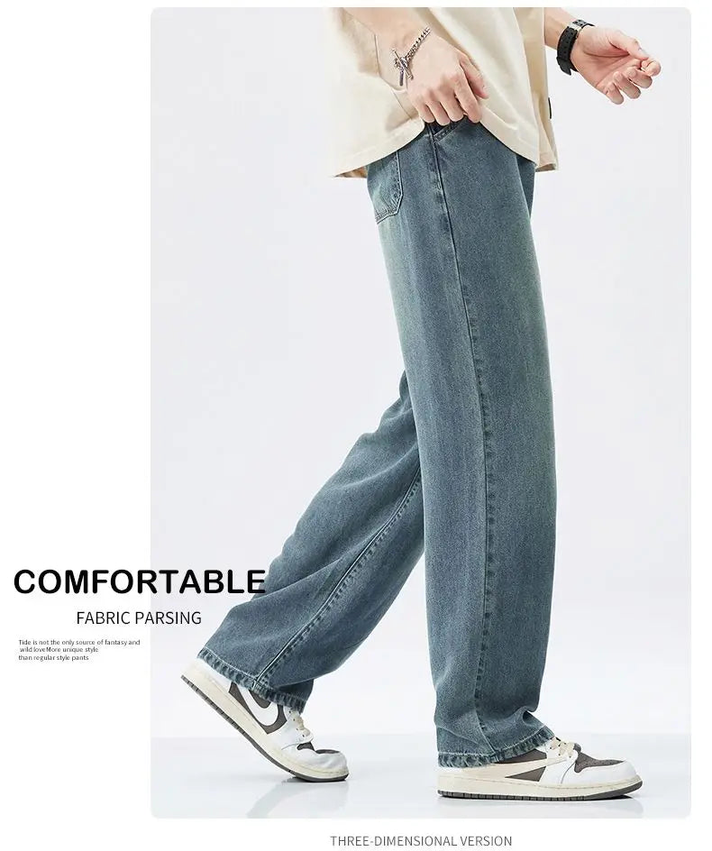Lyocell Summer New Straight Jeans Men's Fashion Vintage Y2k Pants Streetwear Male Loose Casual Male Wide Denim Trousers baggy