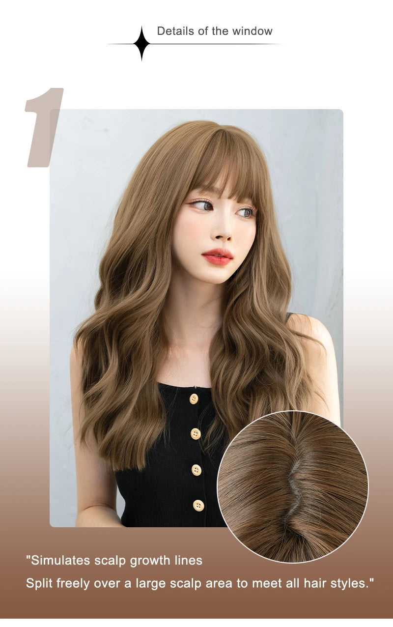 7JHH WIGS Body Wavy Wig Long Loose Curly Brown Wig for Women Daily Use High Density Synthetic Layered Hair Wigs with Bangs