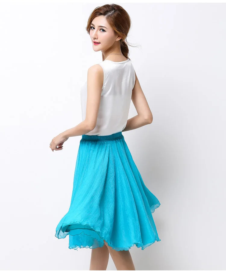 Summer Women Silk Tutu Skirts Chiffon Pleated Dance Beach Wedding Party Skirt Black White Elastic High Waist Midi Skirts