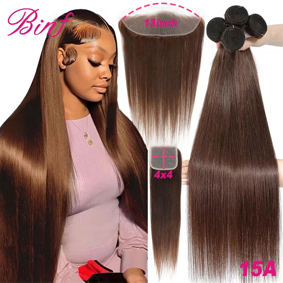 Clearance Cheap #4 Color Straight Human Hair Bundles With Closure Brazilian Virgin Human Hair Weave Bundles With HD Lace Closure