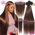 Clearance Cheap #4 Color Straight Human Hair Bundles With Closure Brazilian Virgin Human Hair Weave Bundles With HD Lace Closure