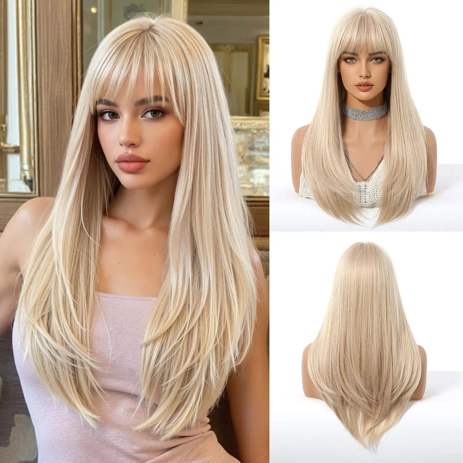 EASIHAIR Brown Straight Layered Wigs for Women Long Natural Hair Synthetic Wigs With Bangs Daily Use Party Heat Resistant Wigs