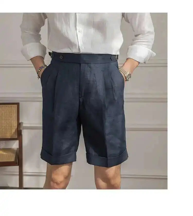 100% Linen Summer Straight Naples Shorts Men Solid Color Business Dress Pants Office Social Casual Slim Fit Shorts