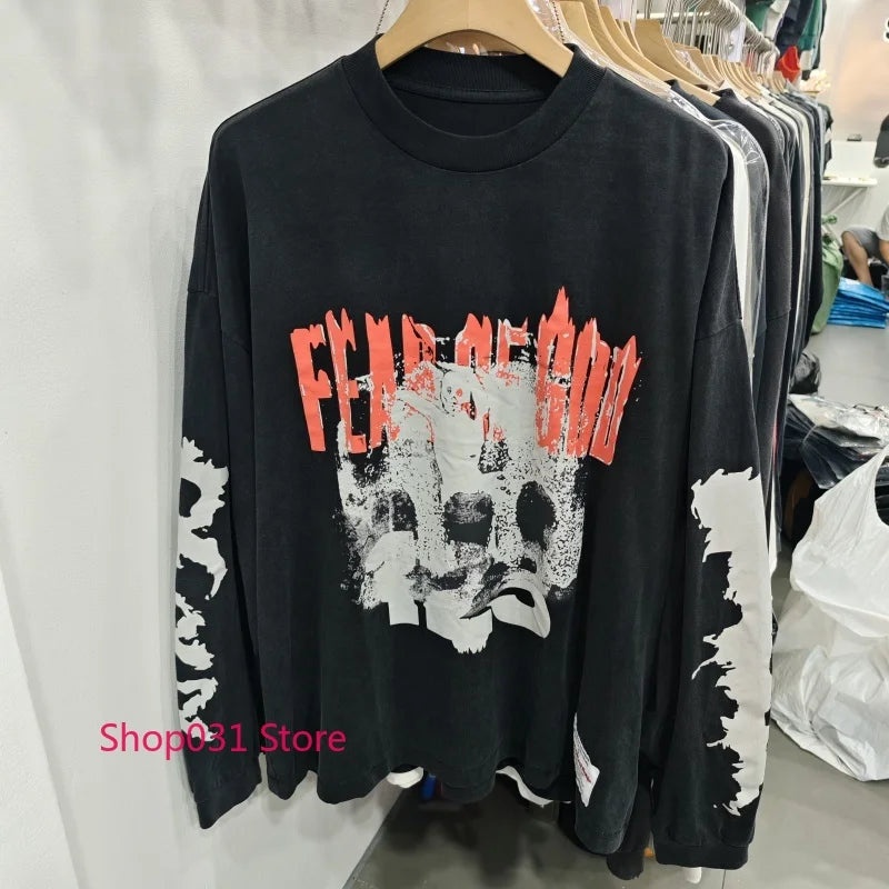 R123 Long Sleeve T Shirt Vintage Washed 100% Cotton Loose Fit Casual Mens Pullover  oversized t shirt