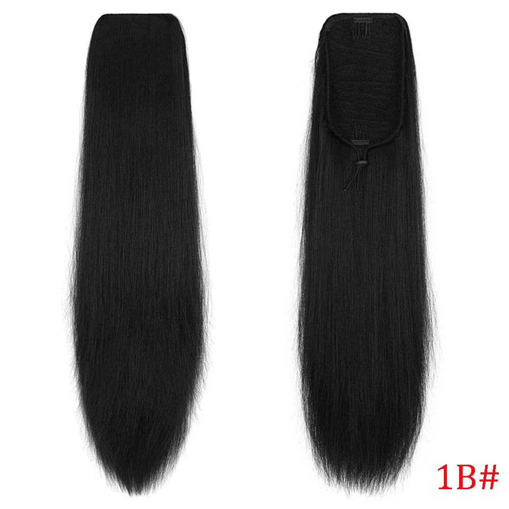 36 inches Black Natural long straight Drawstring Ponytail - Women's Easy-Attach Synthetic Extension for Voluminous Look