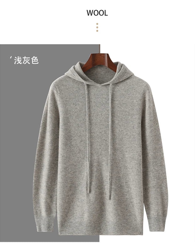 Men's Autumn Winter 100% Merino Wool Sweater Hooded Collar Knitted Pullover Cashmere Sweatshirt Casual Large Tops Long Sleeved