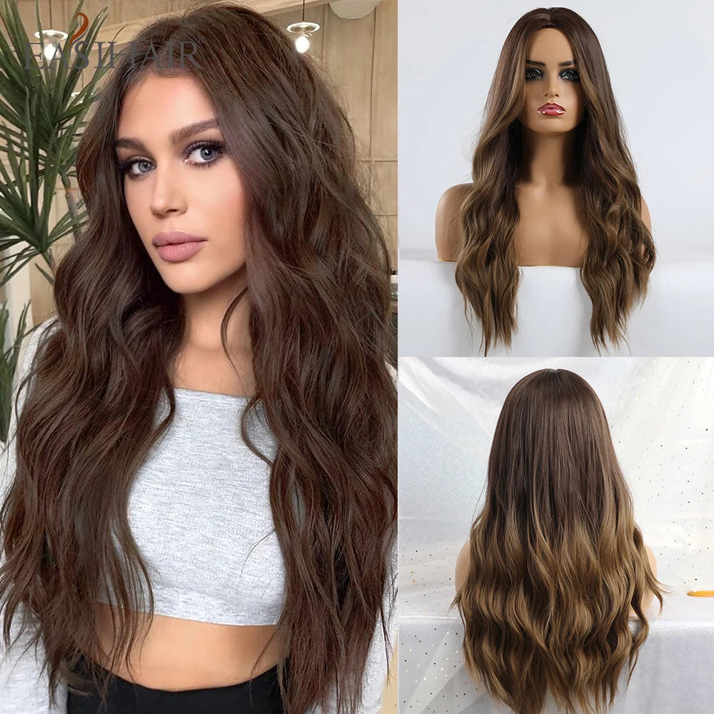 ALAN EATON Long Wave Dark Brown Synthetic Wigs for Black Women Middle Parted Wigs with Highlights Cosplay Hair Heat Resistant