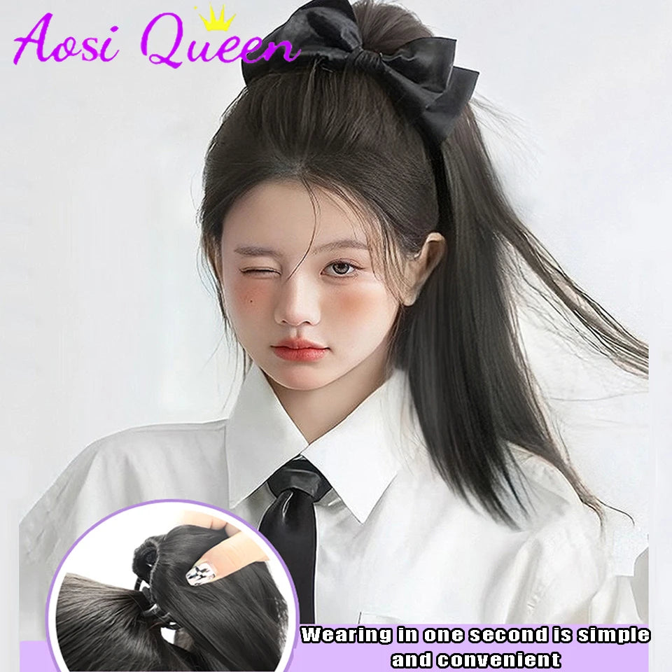 AOSI Synthetic Bow Wig Ponytail Female Clamping Style Long Straight Hair High Ponytail Long Hair Braided Straight Ponytail