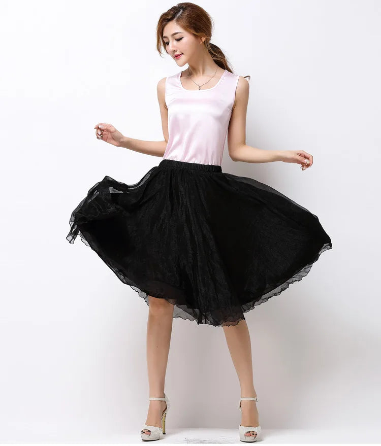 Summer Women Silk Tutu Skirts Chiffon Pleated Dance Beach Wedding Party Skirt Black White Elastic High Waist Midi Skirts