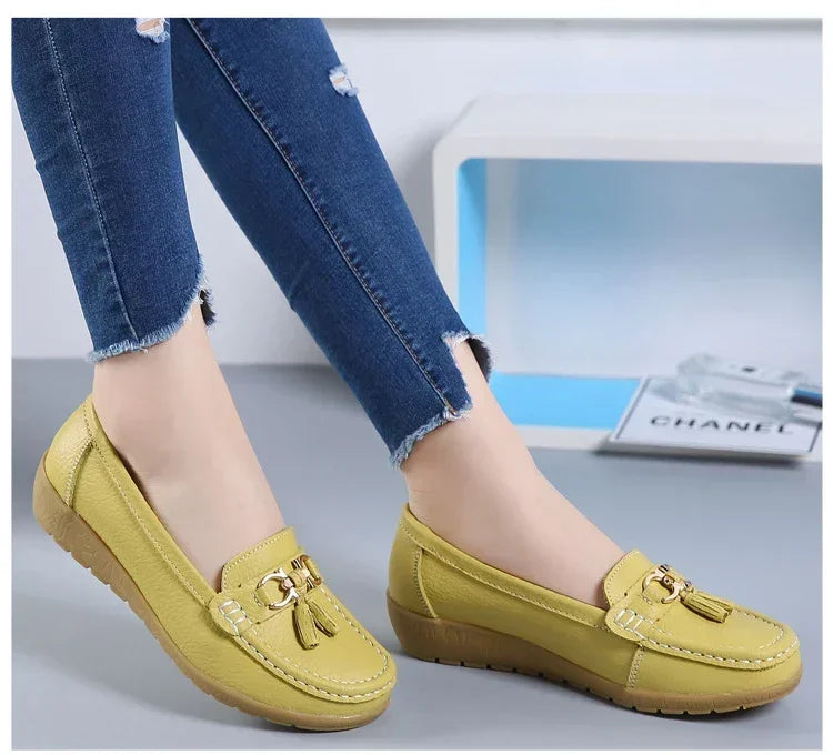 Spring Summer Breathable Casual Loafers For Women Platform Leather Comfort Wedge Moccasins Ladies Vulcanized Sneakers 44