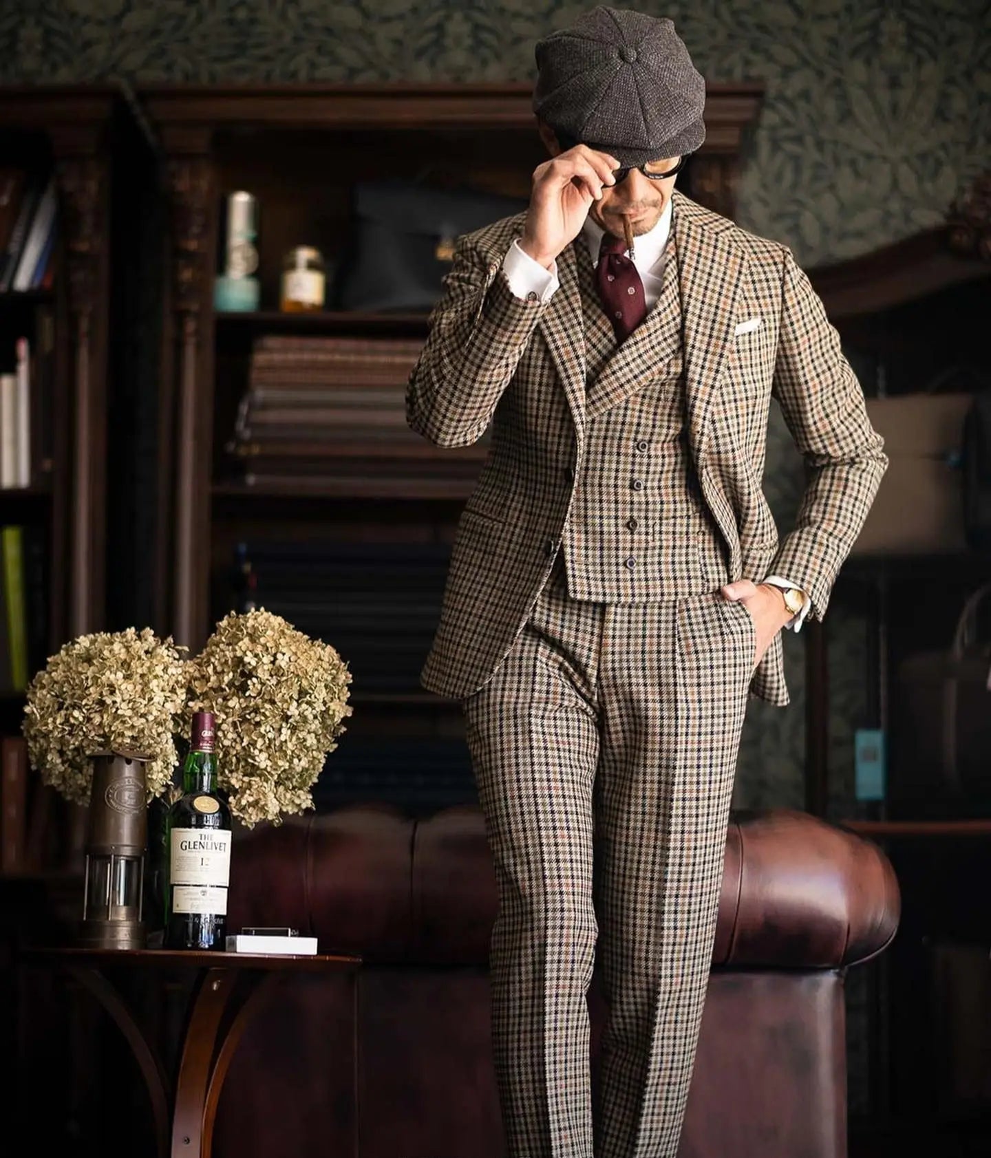 Burgundy Black Green 3 Color Small Square Thousand Bird Man‘s Suit Set Outfit Notch Lapel Blazer Trousers 3pcs Jacket Pants Vest