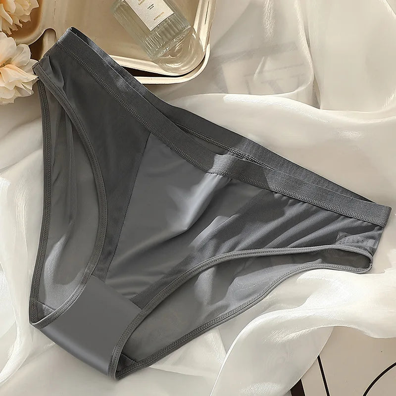 Women Sexy Mesh Ice Silk Solid Thin Breathable Underwear Middle Waist Elasticity Plus Big Panties Elasticity Plus Big Panties