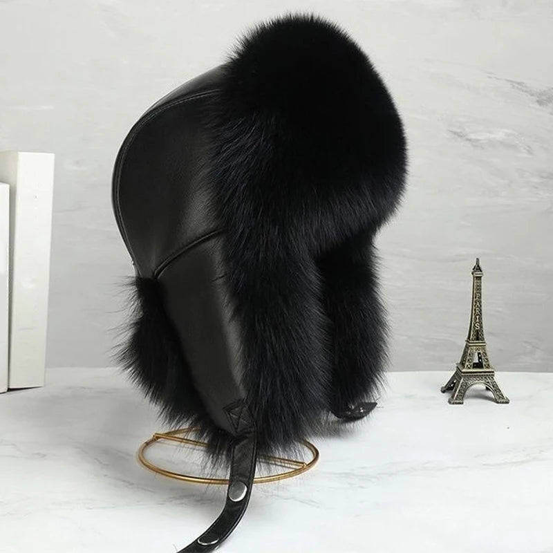 Natural Raccoon Fur Hat Women Black Fox Fur Russian Ushanka Hats Winter Warm Ears Bomber Cap