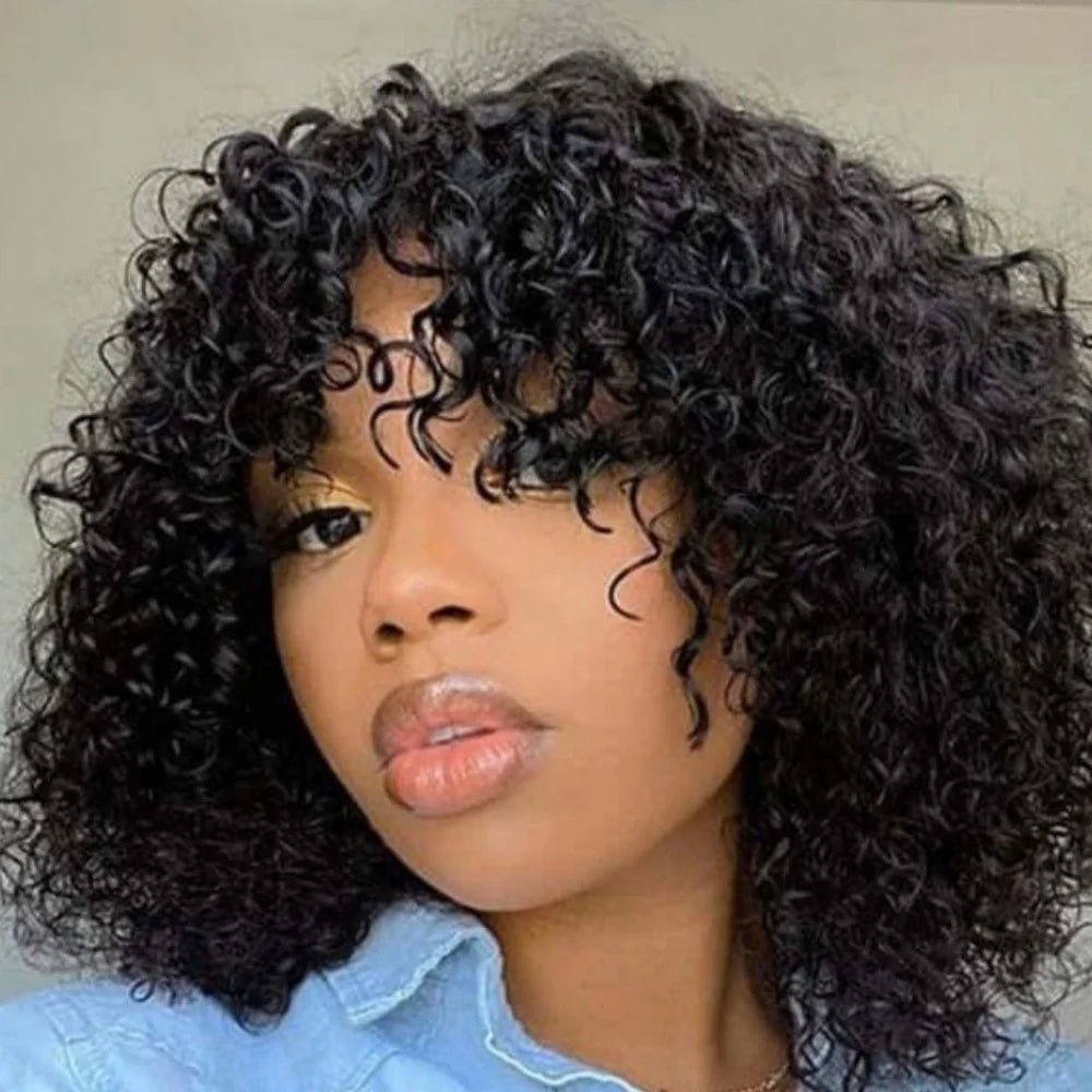 Curly Bob Wig With Bangs Short Bob Curly Wig for Women Natural Color Brazilian Human Hair Deep Wave Bob Wig With Bangs 16 Inch