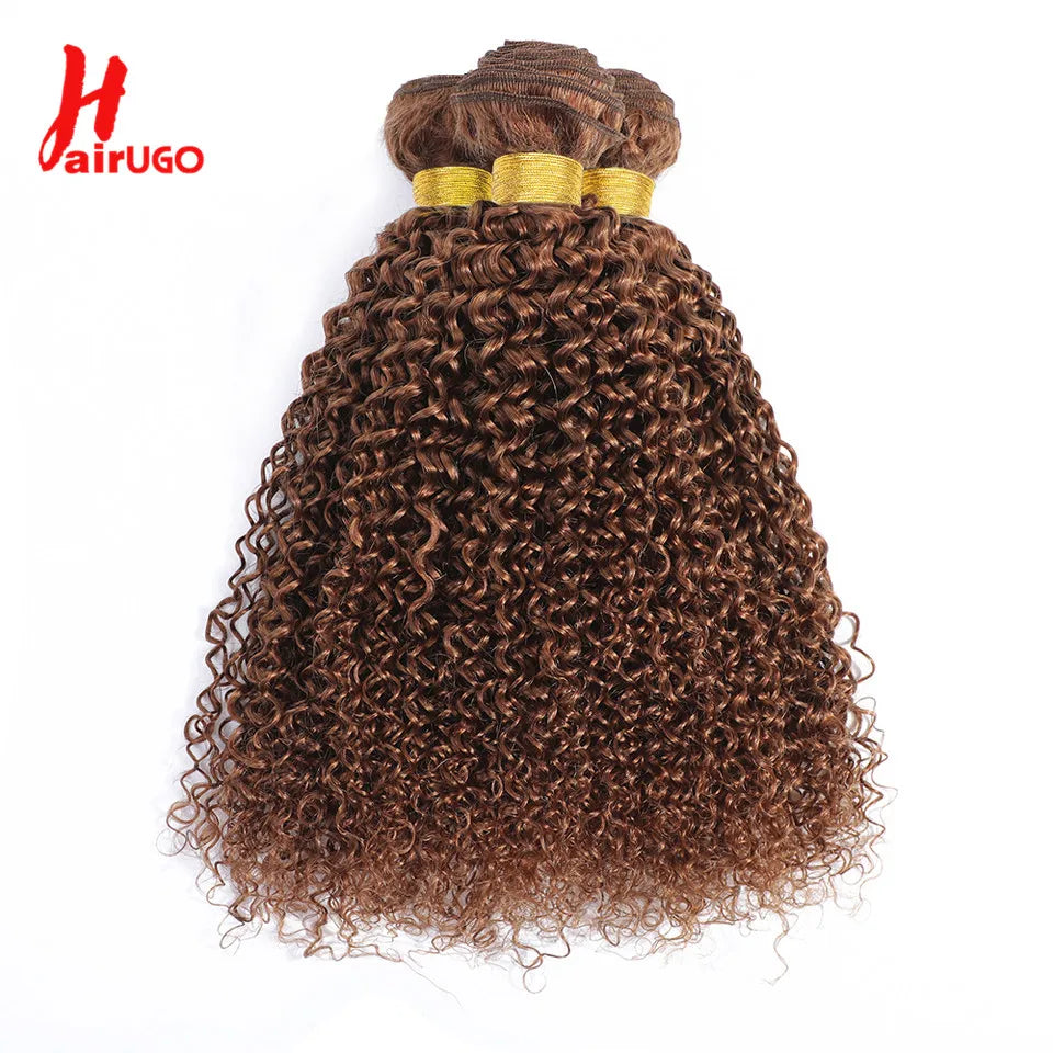 HairUGo Brazilian Kinky Curly Hair Bundles 27# Brown Remy 1/2/3 Kinky Curly Human Hair Weave Hair Extensions Blonde Hair Weaving