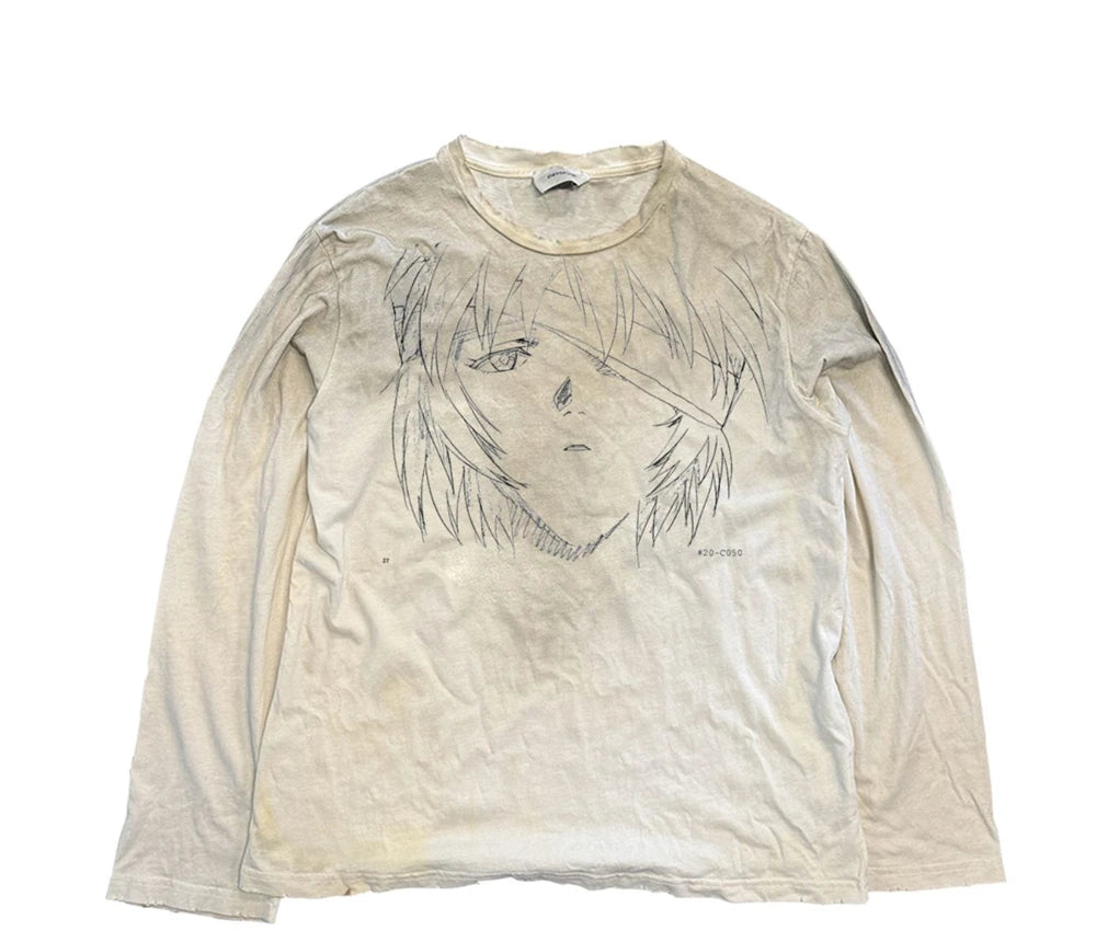 Vintage Washed Long Sleeves T-Shirt Summer Graffiti Printed Destroyed Dirty T Shirt Hip Hop Streetwear Cotton Tops Tees