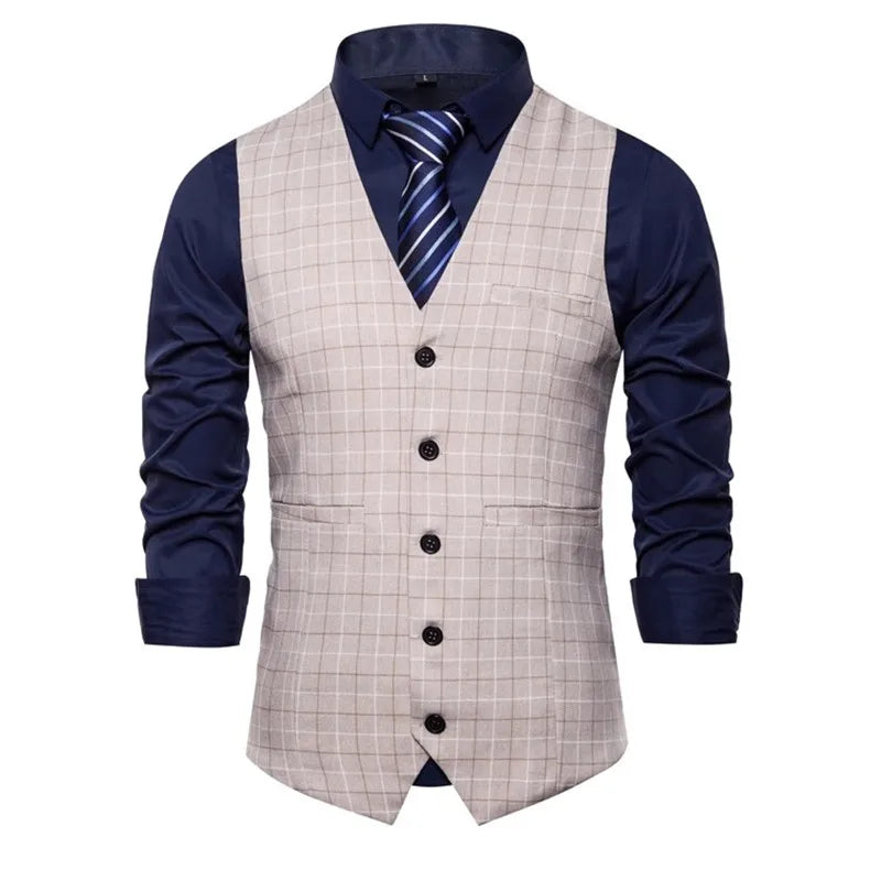 New Men Business Social Checkered Suit Vest Loose Top Homme Wedding Ball Party Dress Waistcoat