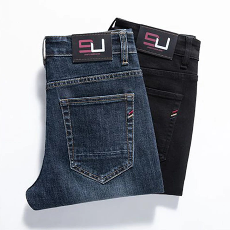 Men Autumn Loose Straight Elasticity Jeans Male Korean Style Versatile Slim Fit Denim Pants Vintage Smart Casual Black Trousers