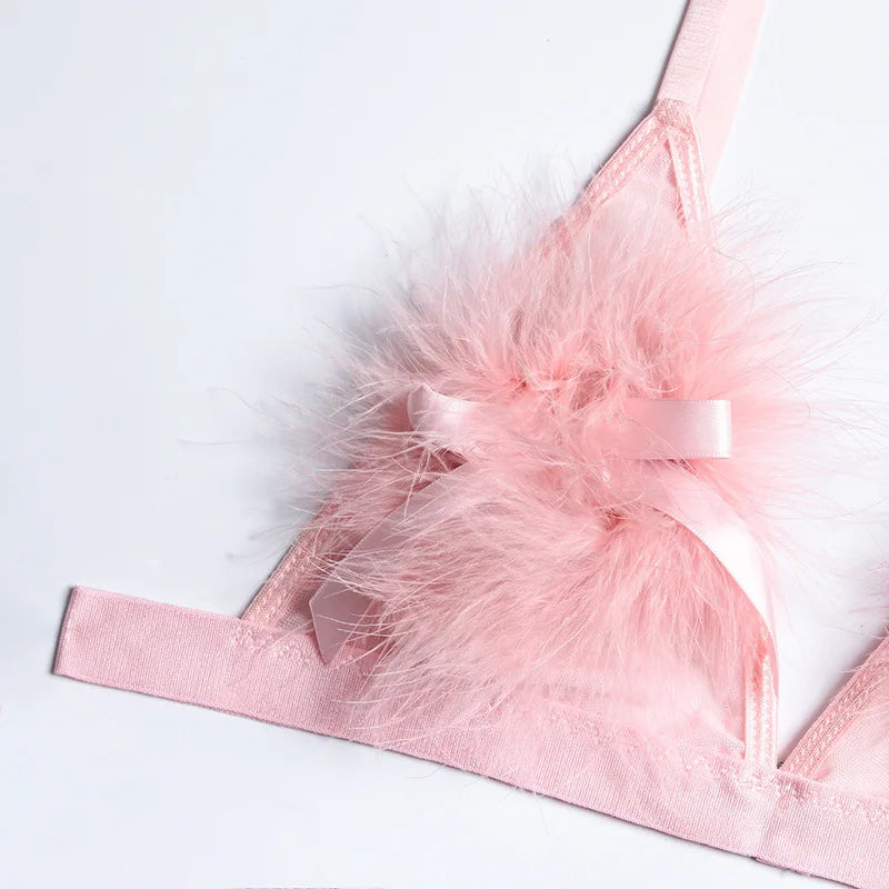 Feathers Transparent Bra Lingerie Set Sexy Underwear Women Body Chain Lace Exotic Set Luxury Intimate See Through Bra and Panty