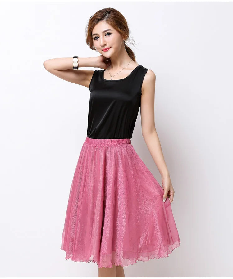 Summer Women Silk Tutu Skirts Chiffon Pleated Dance Beach Wedding Party Skirt Black White Elastic High Waist Midi Skirts