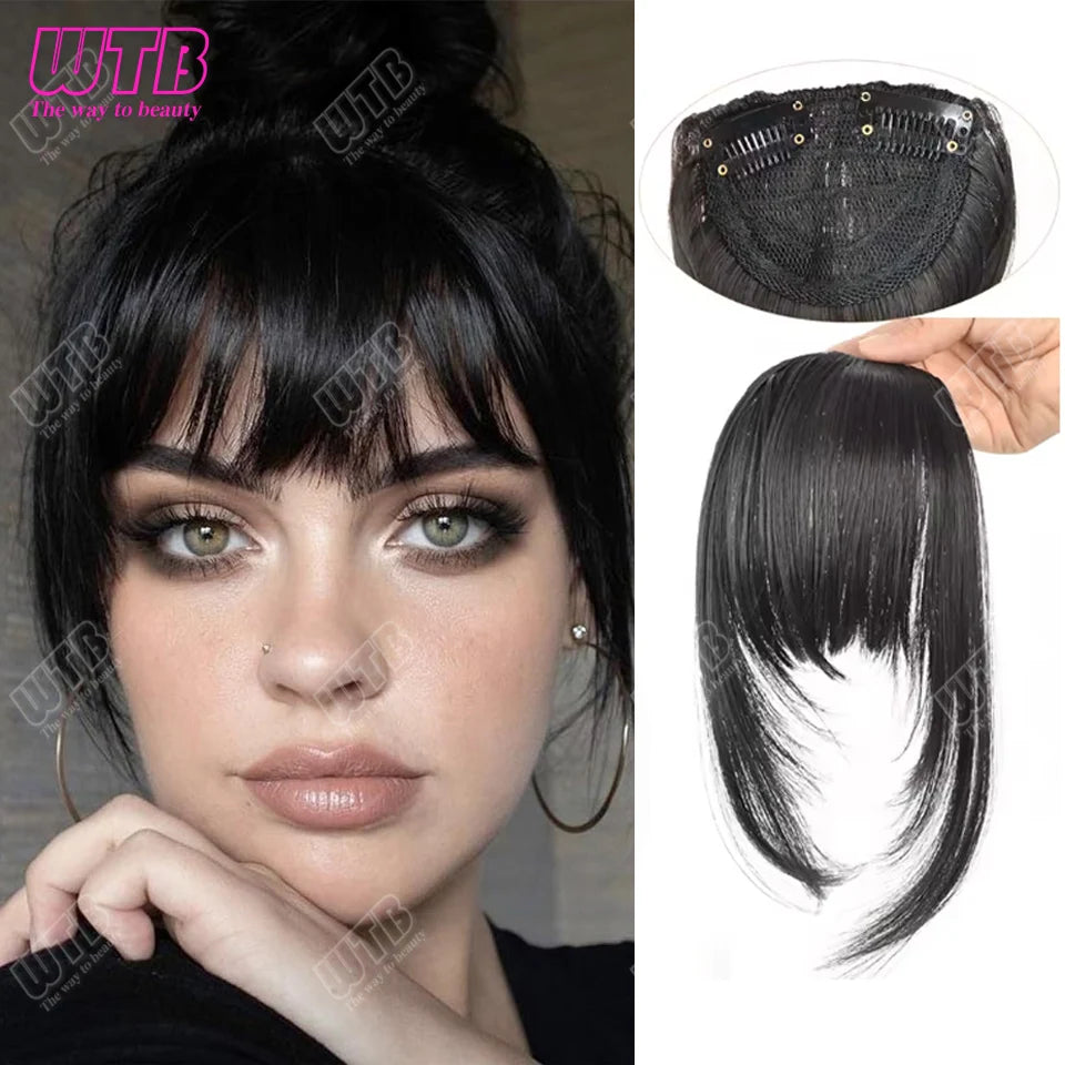 Natural Straight Blunt Bangs Synthetic Natural Brown Black False Fringe Clip In Front Hair With Fringe with Temples Daily Wear