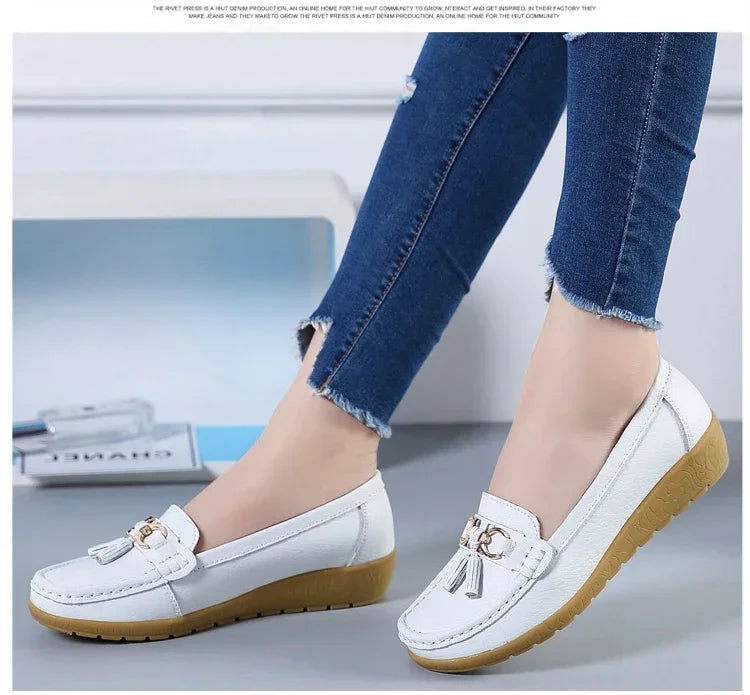 Spring Summer Breathable Casual Loafers For Women Platform Leather Comfort Wedge Moccasins Ladies Vulcanized Sneakers 44