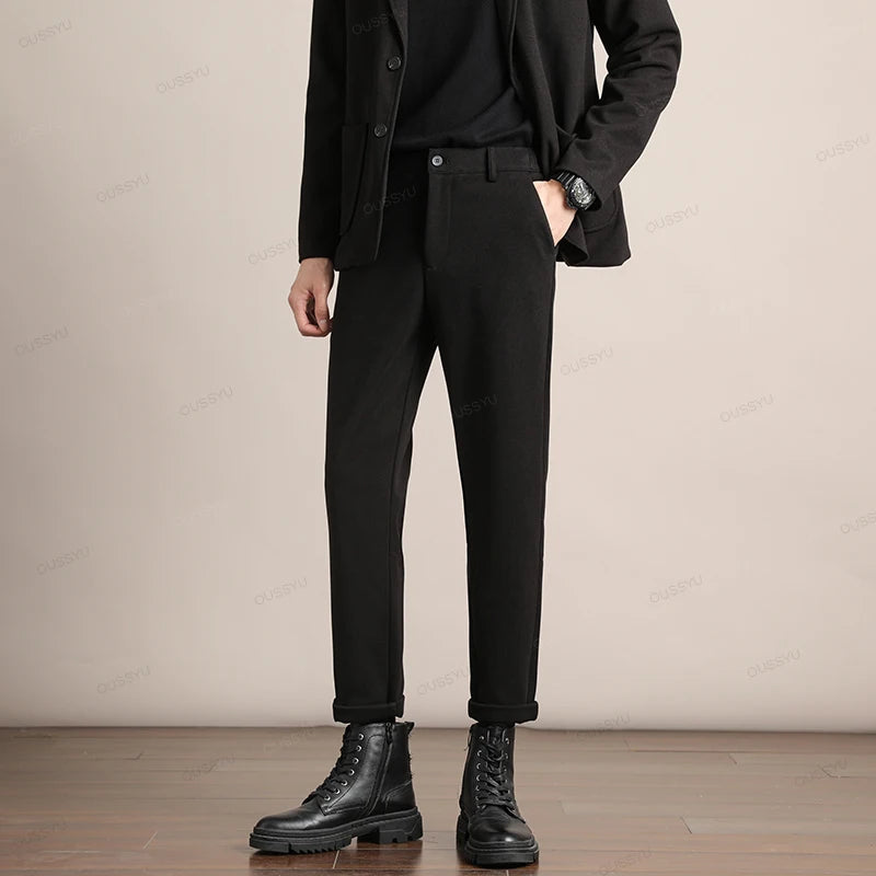 Brand Clothing Autumn Winter Luxury Suit Pants Men Thick Business Elastic Waist Woolen Ankle Pant Korean Formal Long Trousers