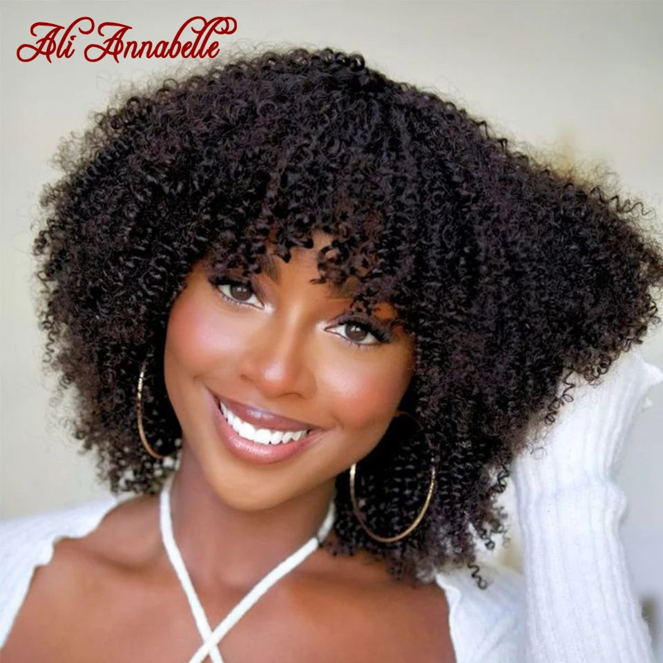 ALI ANNABELLE HAIR Curly Wigs With Bangs For Black Women Machine Made Wigs Kinky Curly 180% Brazilian Natural Color No Lace Wigs