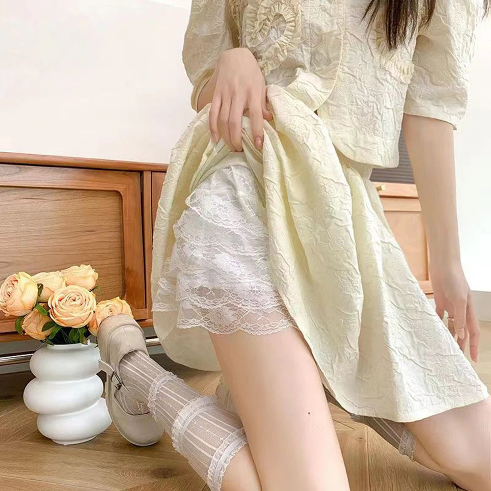 New Lace Ruffle Shorts Lolita Short Victorian Bloomers Pumpkin Satin Knickers Anti Exposure Safety Pants Women Loose Underwear