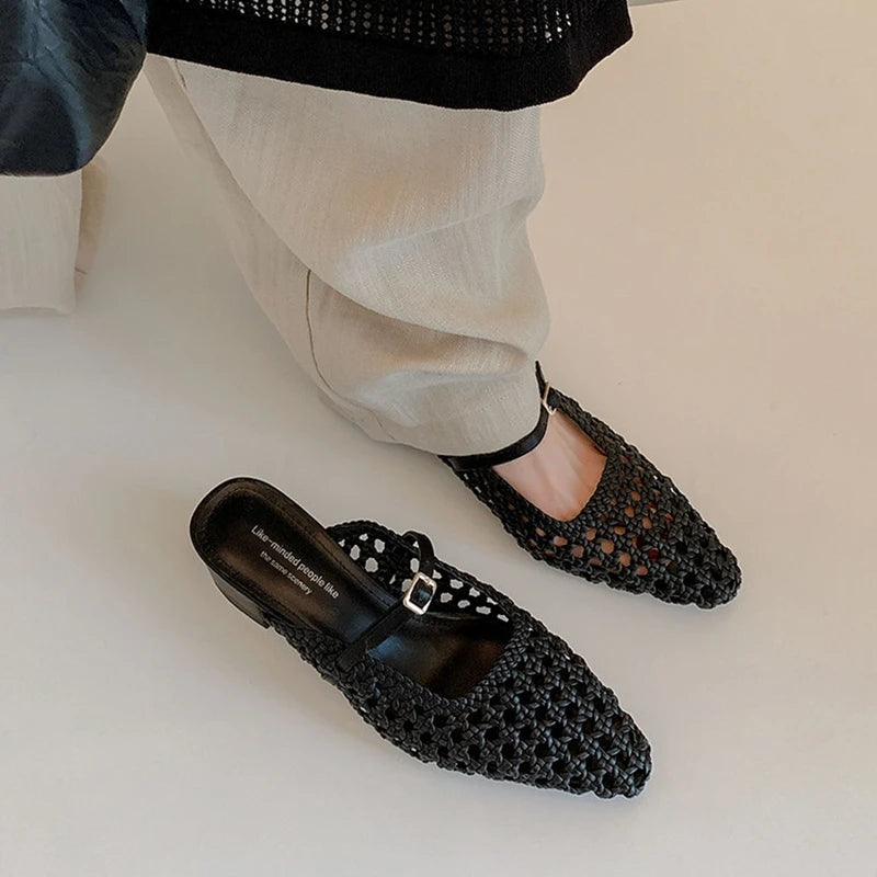 NEW Summer Women Mules Fabric Shoes for Women Pointed Toe Chunky Heel Shoes Cover Toe Slingback Shoes Soft Hollow Modern Sandals