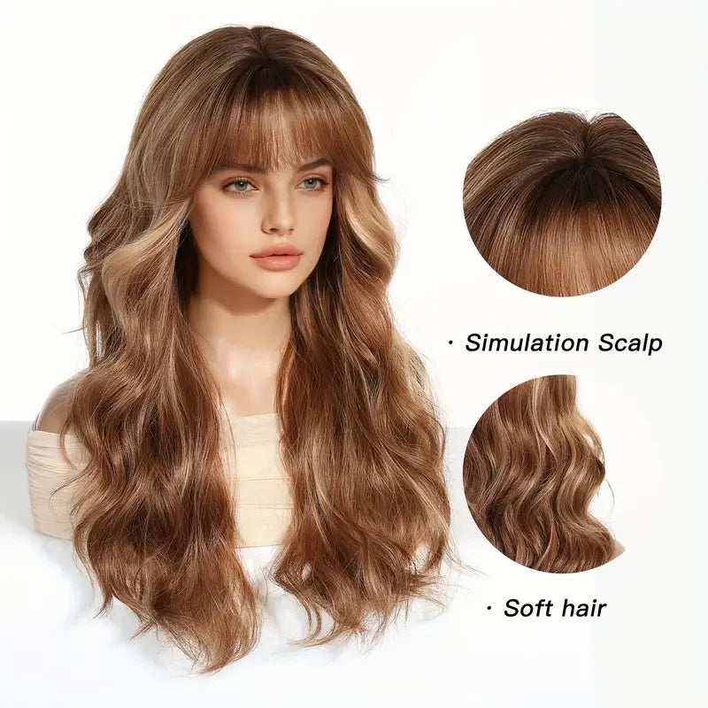 LOUIS FERRE Brown Blonde Highlights Wigs For Women Daily Long Wavy Curly Synthetic Wigs Natural Heat Resistant Hair With Bangs