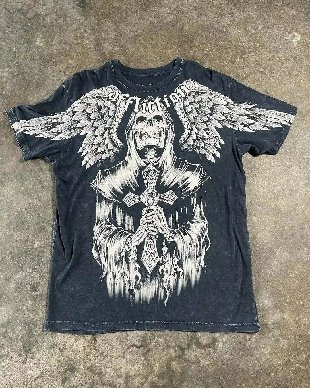 2000s Affliction Style Streetwear Tee Gothic Skull Cross Print Trendy Graphic T-shirts
