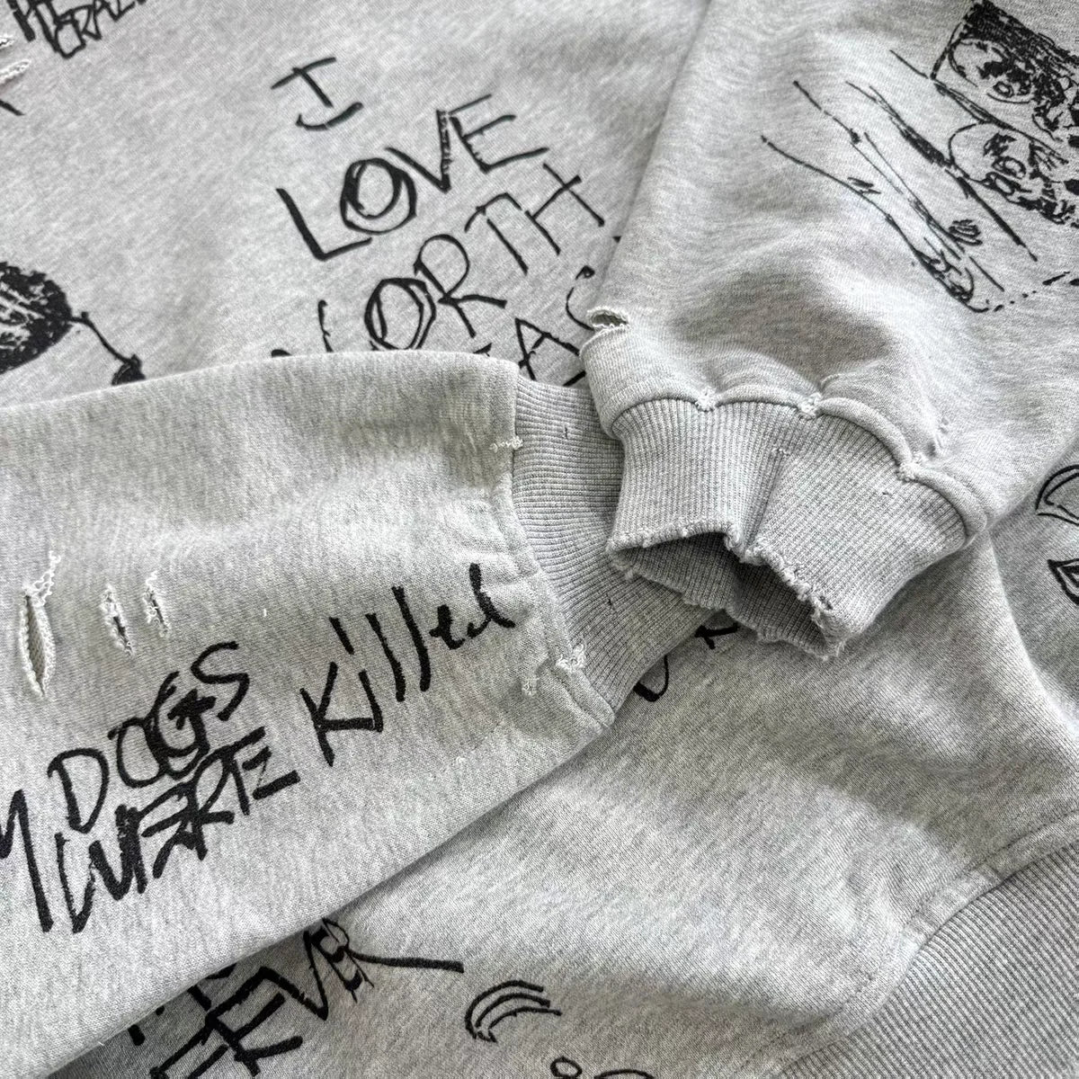 Graffiti illustration letter print ripped top loose casual loop round neck hoodie Men Women Best Quality Hooded Sweatshirt
