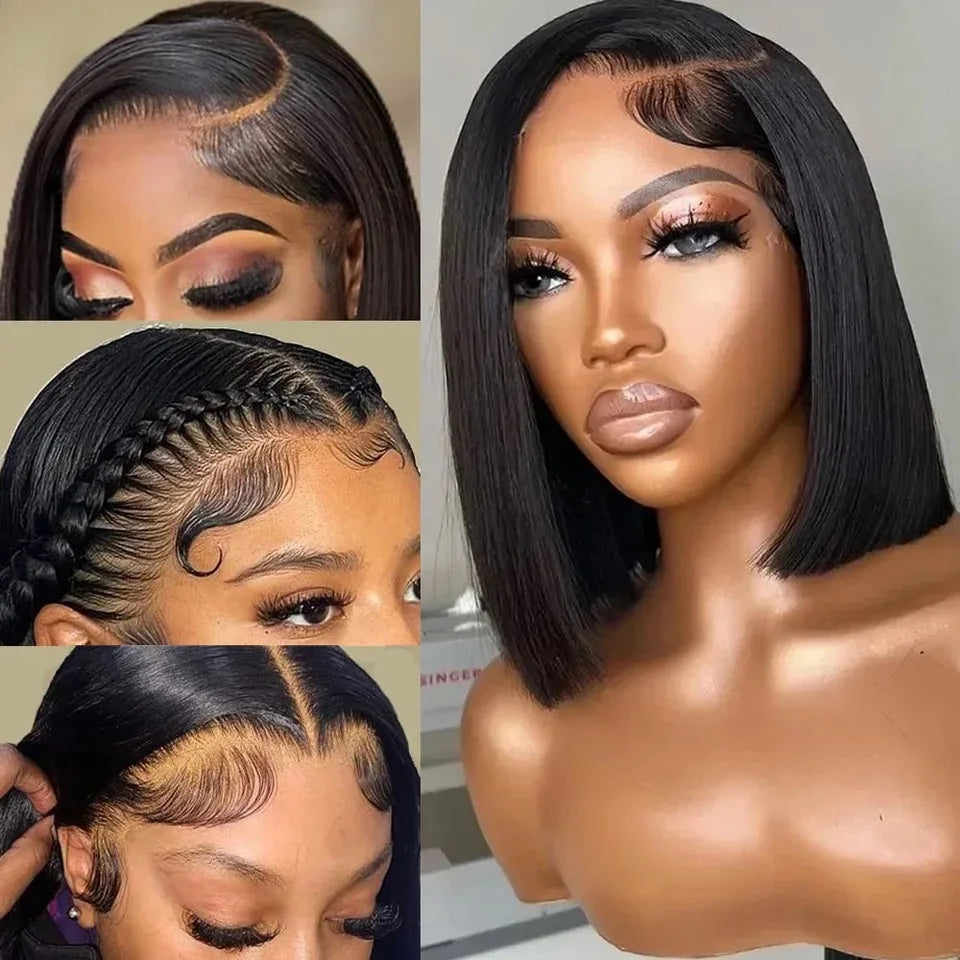 Short Bob Straight 13X4 Lace Front Wig Black Color Synthetic Wigs For Black Women Prepluck With Baby Hair Bleach Knots Glueless
