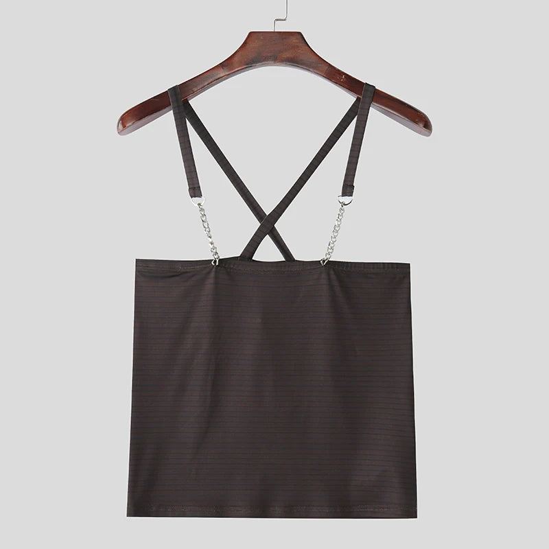 INCERUN Tops 2025 American Style Fashion New Men Striped Metal Strip Hanging Neck Vests Summer Sexy Casual Personality Tank Tops