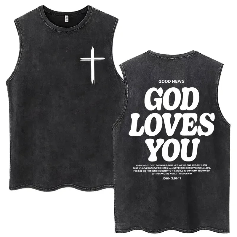 Christian Jesus Church Vintage Washed Tank Tops Bible Verse God Loves You Sleeveless T-shirt Men Women Cotton Loose Y2k T Shirts