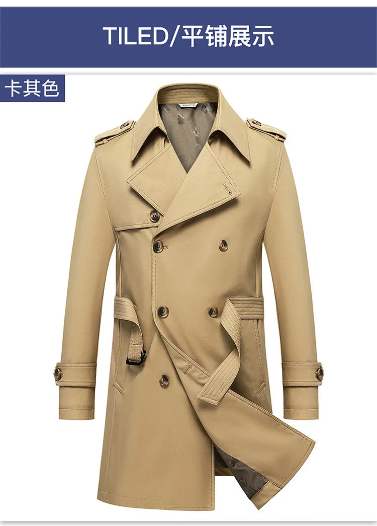 Spring Autumn New Fashion Men's Solid Color Simple Casual Trendy Double-breasted Long Sleeve Plus Size Trench Male Coat Clothes
